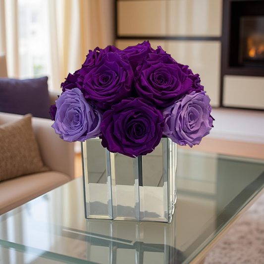 15 PRESERVED ROSES PURPLE & LAVANDER IN A MIRROR VASES