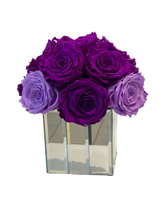 15 PRESERVED ROSES PURPLE & LAVANDER IN A MIRROR VASES